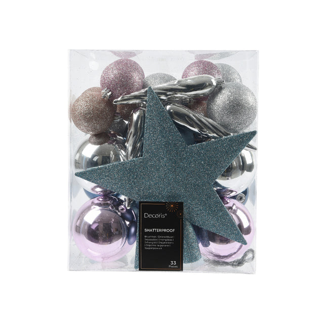 Bauble Set with Star Tree topper Set Of 33, 8cm, Blue, Pink & Silver