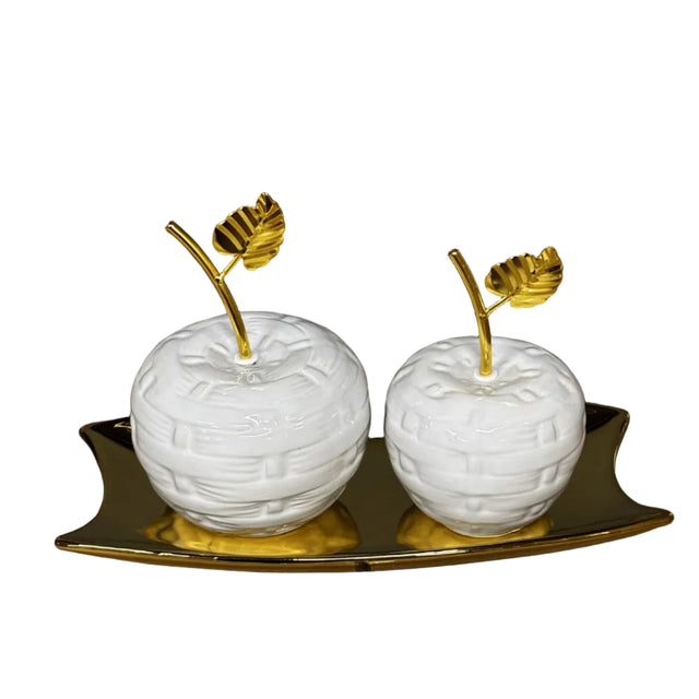 Ceramic apples set/2 white with gold leaves 9cm