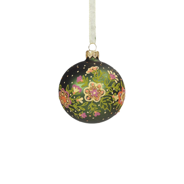Bauble Glass with Flowers 8cm Pine Green
