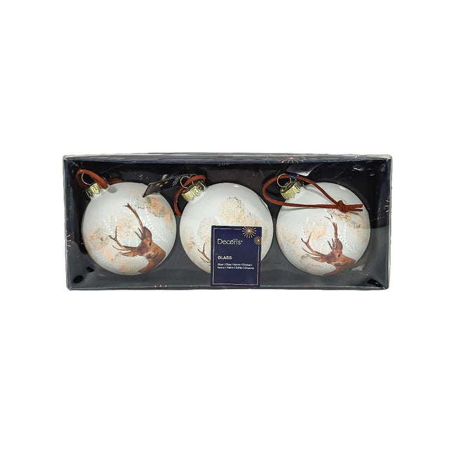 Bauble Glass With Reindeers Set Of 3 Brown
