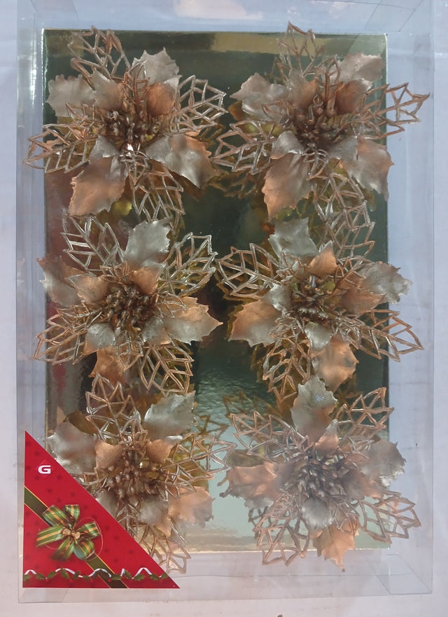Plastic Flower With Clip 9Cm Set Of 6 - Gold With Lace Design