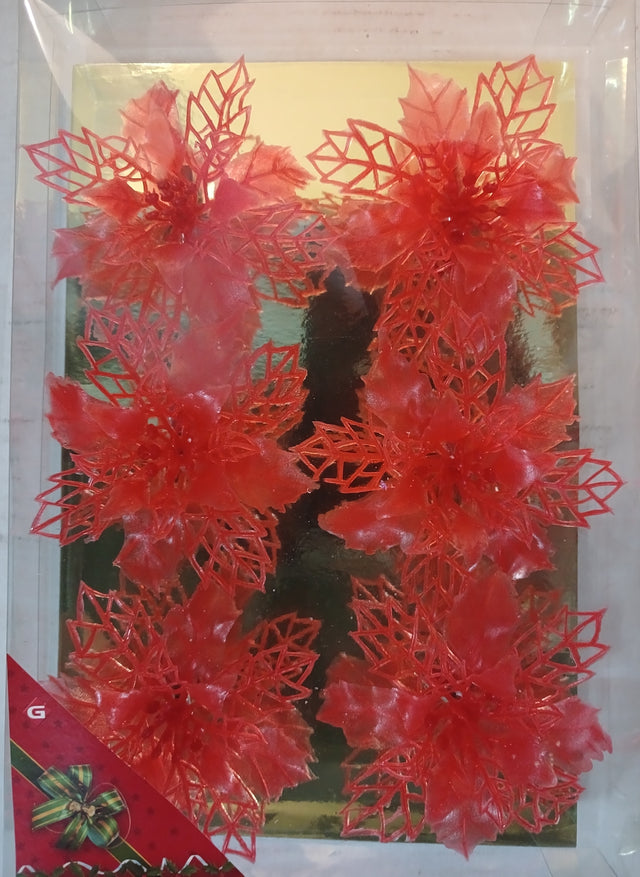 Plastic Flower With Clip 9Cm Set Of 6 - Red With Lace Design