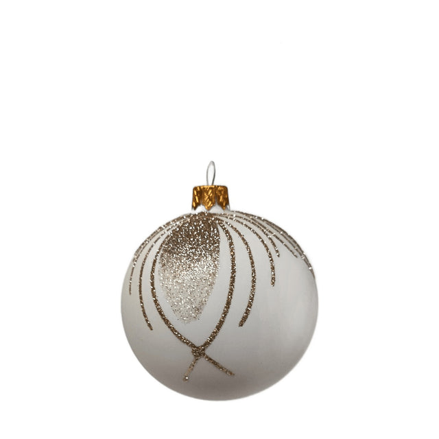 Xmas Ball, Glass, 8cm, With Peacock Feather Decoration - White