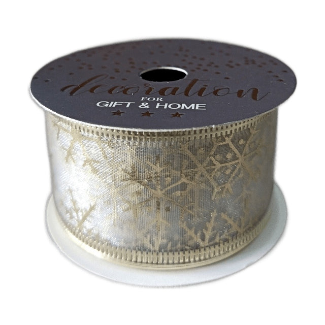 Ribbon,3.8X270Cm, Organza Base With Foilprint And Overlocked Borders. Ivory And Champagne