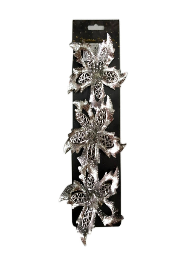 Flower With Metallic Finish On Clip, Set Of 3 12Cm, Silver,