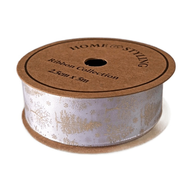Ribbon, 2.5X500Cm, With Foil Printing. In White And Gold - Xmas Tree