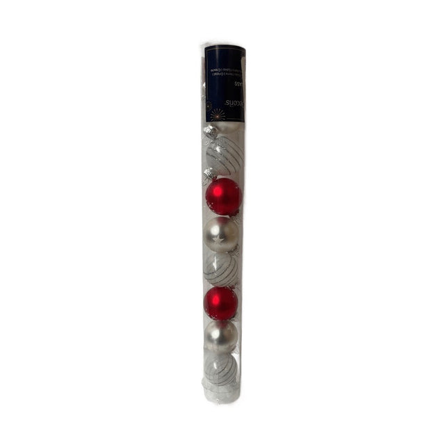 Glass Baubles Tube Of 9 - Red & Silver 3Cm