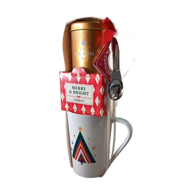 Gift Set Mug Filled With Hot Chocolate Mix With Cookies Xmas Tree