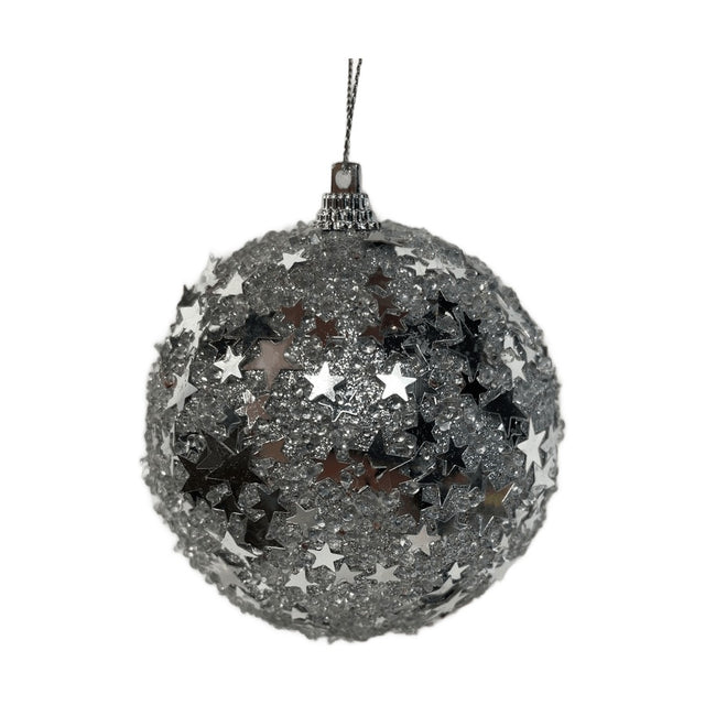 Xmas Ball With Glitter Silver With Stars Design A 8Cm