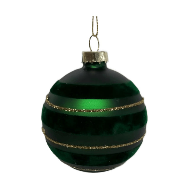 "(ABR220940-1)GLASS BAUBLE 8CM GREEN - WITH STRIPES, MATT"