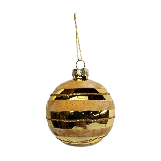 "(ABR220960-2)GLASS BAUBLE 8CM GOLD - WITH STRIPES,SHINY"