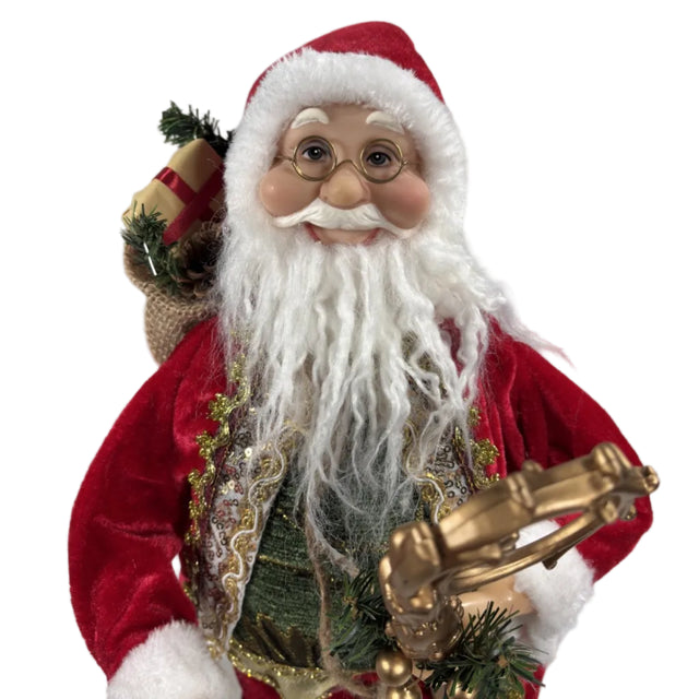 Red And Gold Santa With Green Shirt And Staff 45Cm