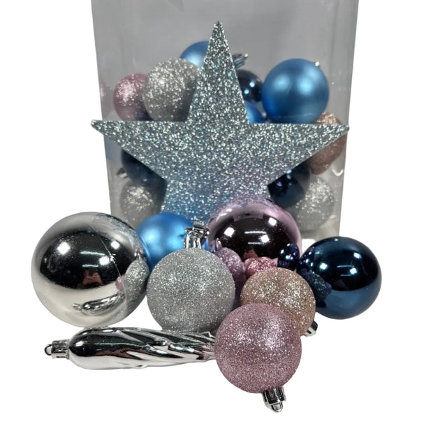 Bauble Set with Star Tree topper Set Of 33, 8cm, Blue, Pink & Silver