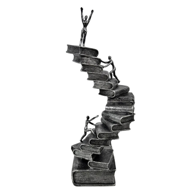 Statue abstract figure climbing a ladder of books 11.5x38cm - silver