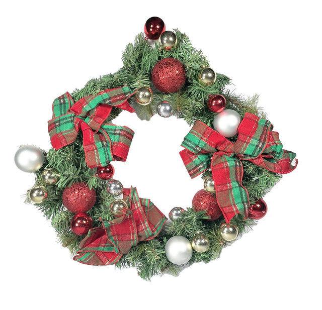 Wreath With Tartan Bows And Red Baubles 60Cm