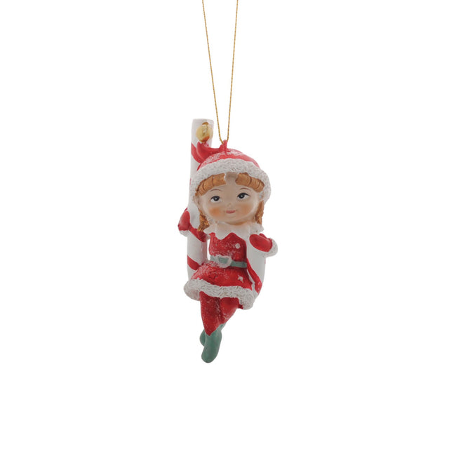 Elf Girl On Candy Cane Hanging Ornament