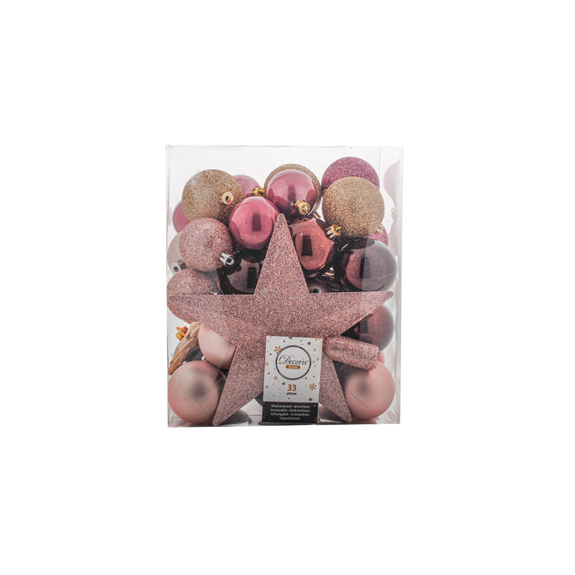 Baubles Mix Set Of 33 8Cm Gold And Pink With Star