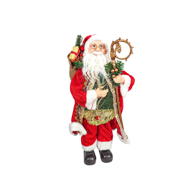 Red And Gold Santa With Green Shirt And Staff 45Cm