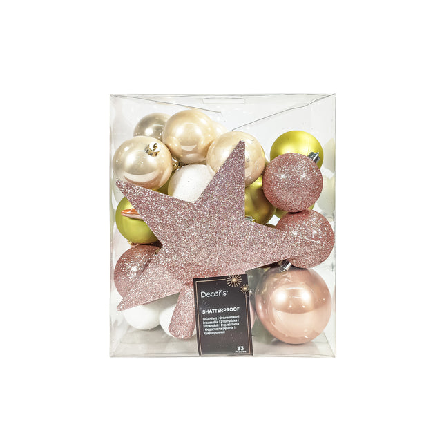 Bauble Mix Set Pink,Gold And White - Set Of 33 8Cm
