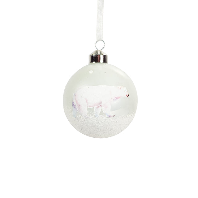 Bauble Glass With Snow Finish 8Cm With Polarbear