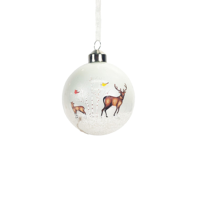 Bauble Glass With Snow Finish 8Cm With Two Reindeers