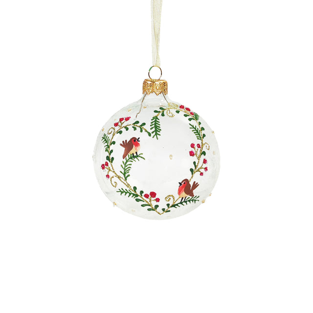 Glass Bauble With Bird And Holly 8cm
