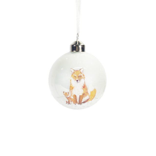 Bauble Glass With Snow Finish 8Cm With Fox And Baby