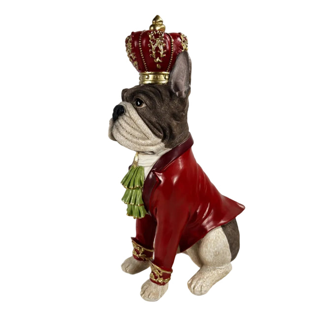 Xmas white resin sitting dog figure wearing red crown & costume 22.5x15x37.5cm
