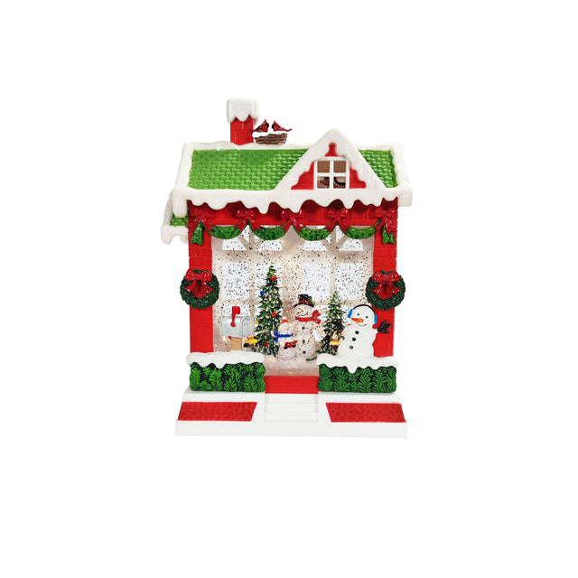 Led Water Spinner Snowman With House 9.5X18X25.4Cm