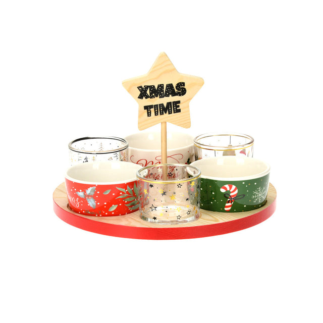 Serving Set 7Pcs, 3X Bowl Porcelain, 3X Bowl Glass And 1X Tray Wood