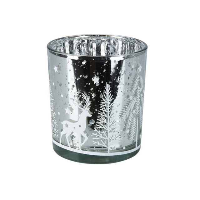 Candle Holder Glass, 7.1X7.8Cm, Silver With Reindeer