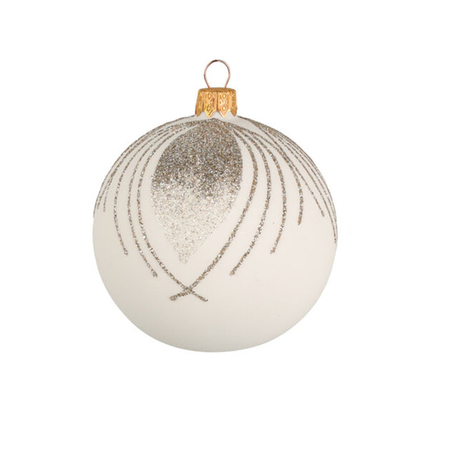 Christmas Balls White - Glass & Hand Blown With Peacock Feather