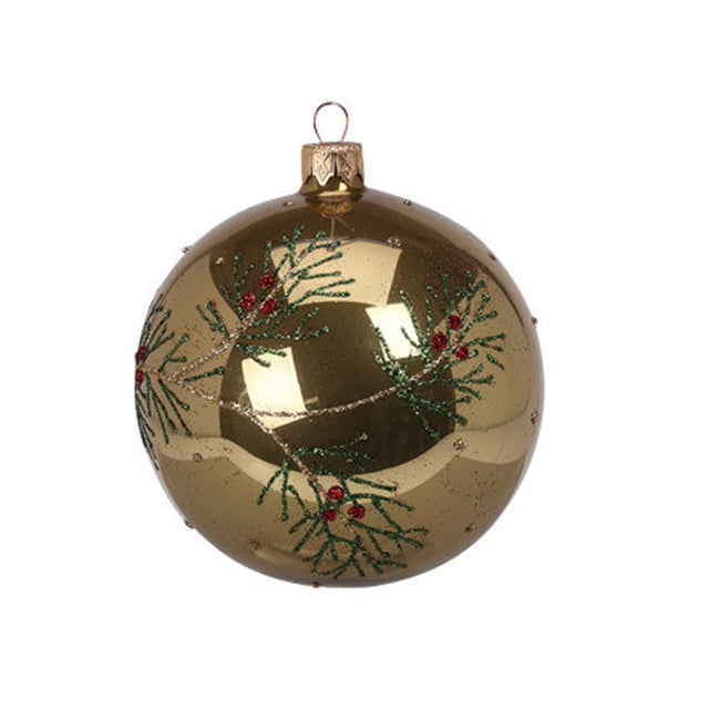 Xmas Ball, Glass, 10Cm, Decorated With Green And Red Colour Glitter Holly Design - Shiny Gold