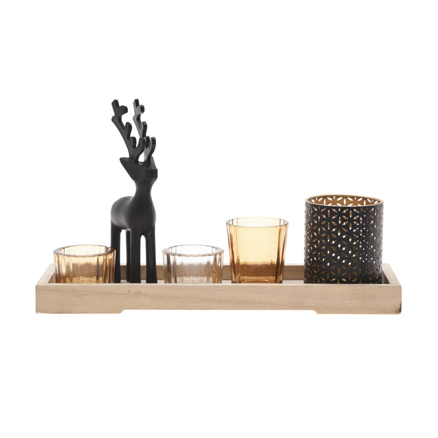 Tealightholder Set, Set Of 6 Pieces, 3X Amber Glass Tealightholders, 1X Black Tealightholder, 1X Reindeer On Wooden Tray ,