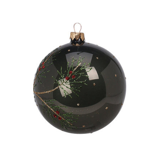 Xmas Ball, Glass, 10Cm, Decorated With Green And Red Colour Glitter Holly Design - Pearl Green