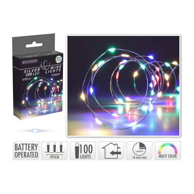 Led Lights Silver Wire, 100 Multi Color Micro Led, Leadwire: 10Cm, Bulb Distance: 5Cm, 495Cm