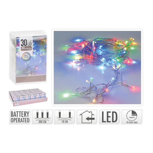 Led Lights B/O With Timer, Indoor, 30 Multi Colour Led, 3Mm Bulb, 30Cm Leadwire, 10Cm Spacing, - 3M