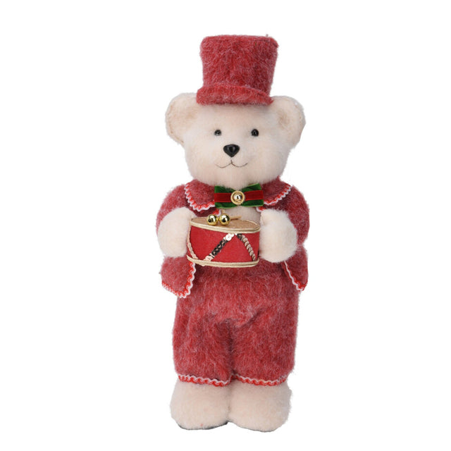 Bear Figure, Polyfoam And Polyester 16.5X21.5X41Cm, White Bear Holding A Drum With Sticks In A Red Outfit, Standing