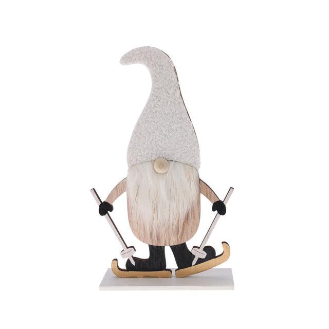 Gnome With Wood Base Standing, 20X6X30Cm, White Hat