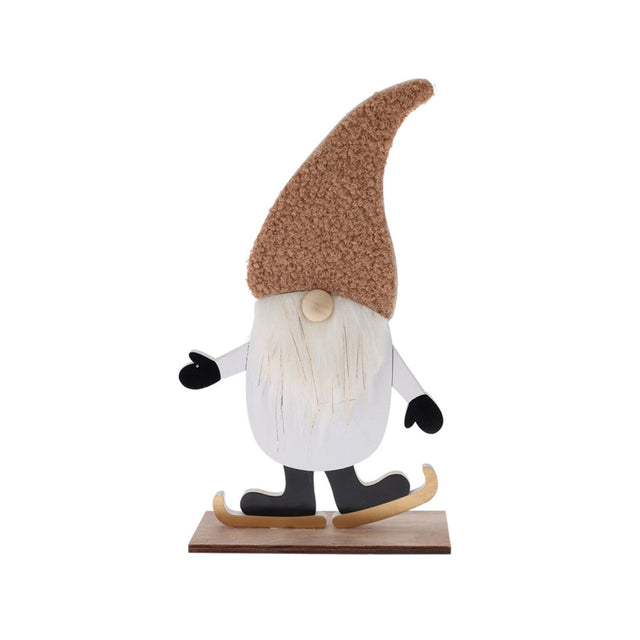 Gnome With Wood Base Standing, 20X6X30Cm, Brown Hat