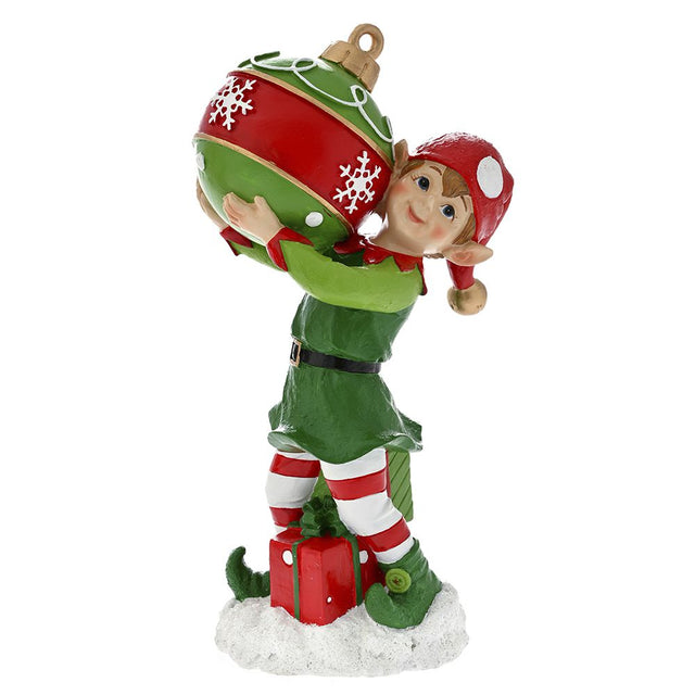 Red Resin Elf Holding A Christmas Ball 13X8X25Cm