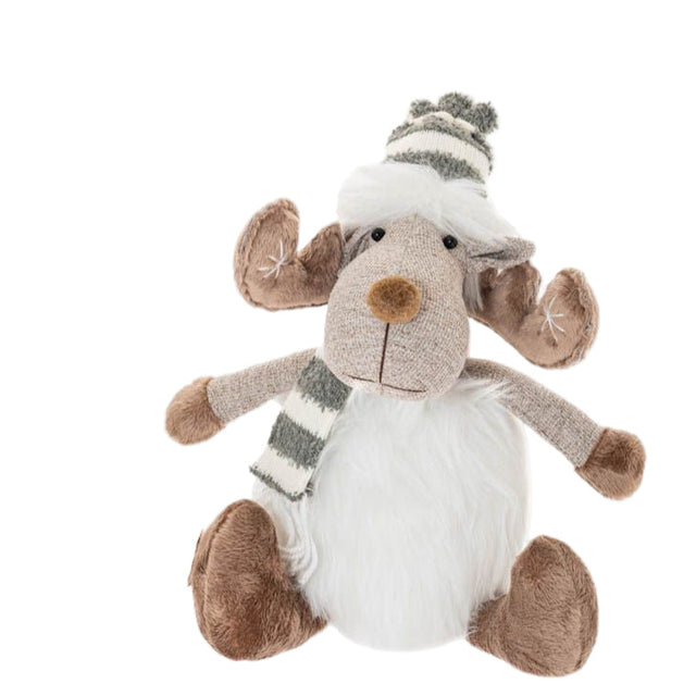 Cream Fabric Sitting Deer With Hat Down 24X14X31Cm Each