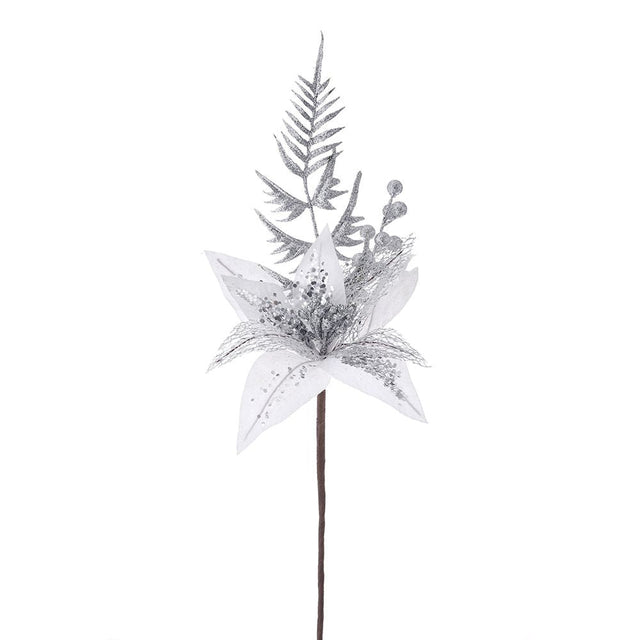 Xmas White Silver Poinsettia Branch With Mistletoe 58Cm