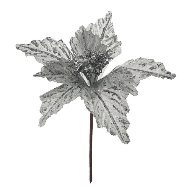 White Silver Poinsettia Pick 22X25Cm
