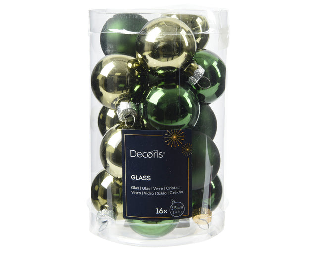 Glass Baubles Box Of 16 - Shades Of Green 3.5Cm