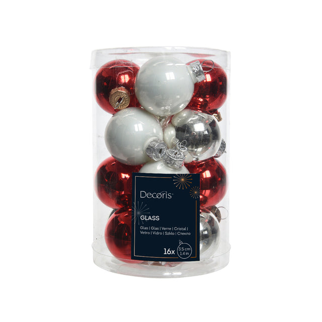 Glass Baubles Set Of 16 -  White, Red & Silver 3.5Cm