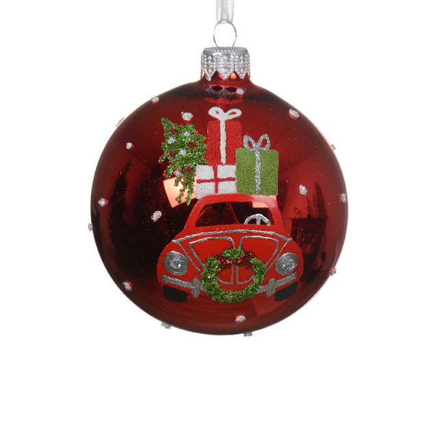 Glass Bauble With Car 8Cm - Red