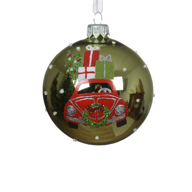Glass Bauble With Car 8Cm - Green
