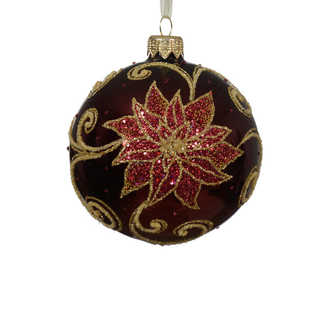 Glass Bauble With Red Poinsettia 8Cm - Oxblood