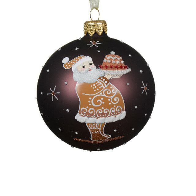 Glass Bauble 8cm With Santa & Cake - Purple/Brown - Matt